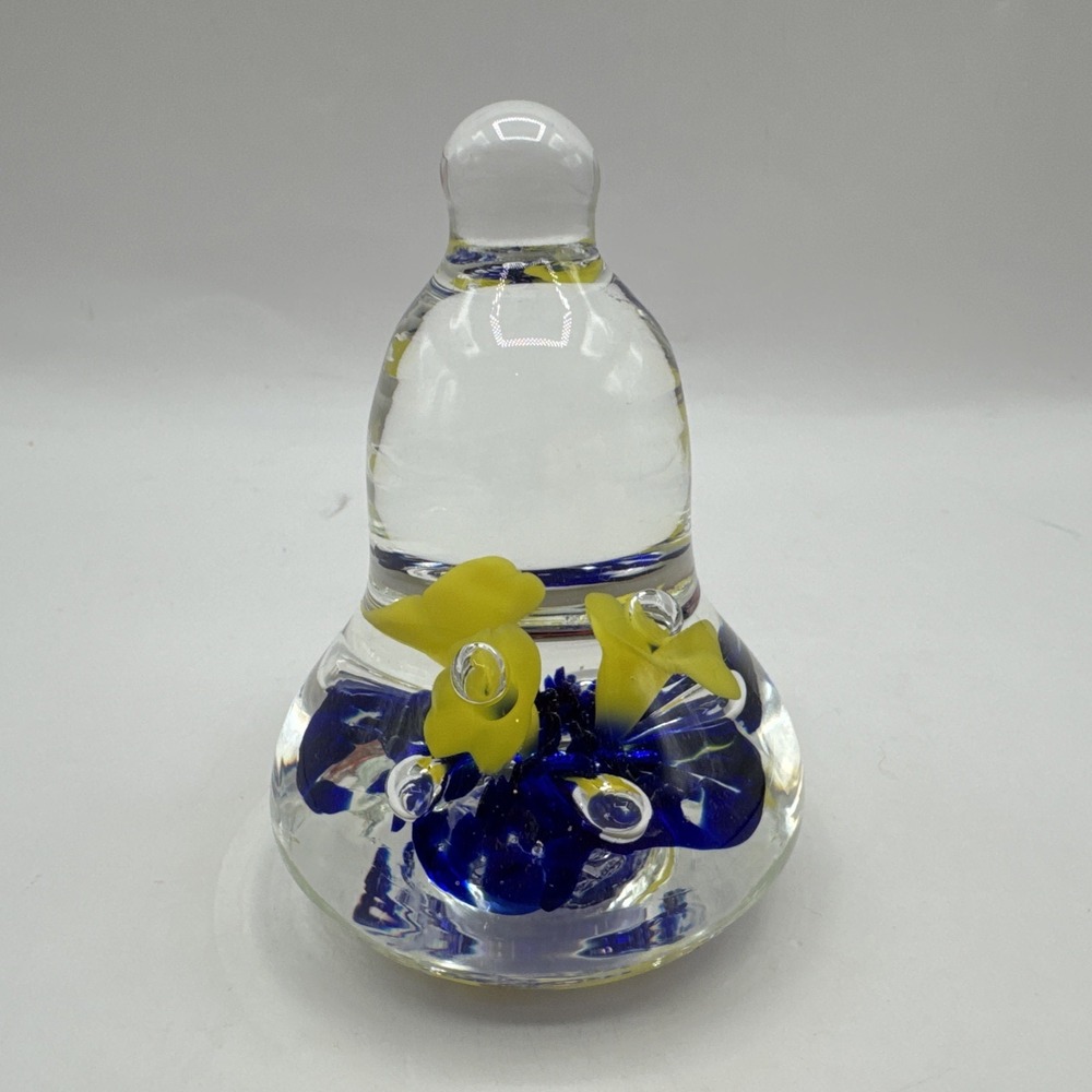 Vintage Joe Rice Art Glass Bell Shape Paperweight Yellow Flowers Blue Bubble